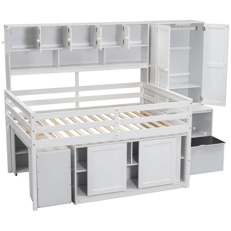 Hochbett aus Holz mit viel Stauraum, Schreibtisch unter dem Bett, Schubladen und Regalen