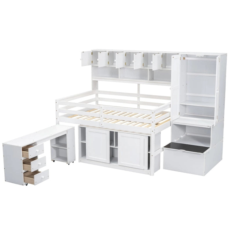 Hochbett aus Holz mit viel Stauraum, Schreibtisch unter dem Bett, Schubladen und Regalen