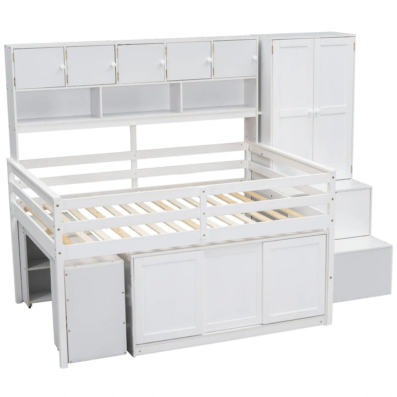 Hochbett aus Holz mit viel Stauraum, Schreibtisch unter dem Bett, Schubladen und Regalen