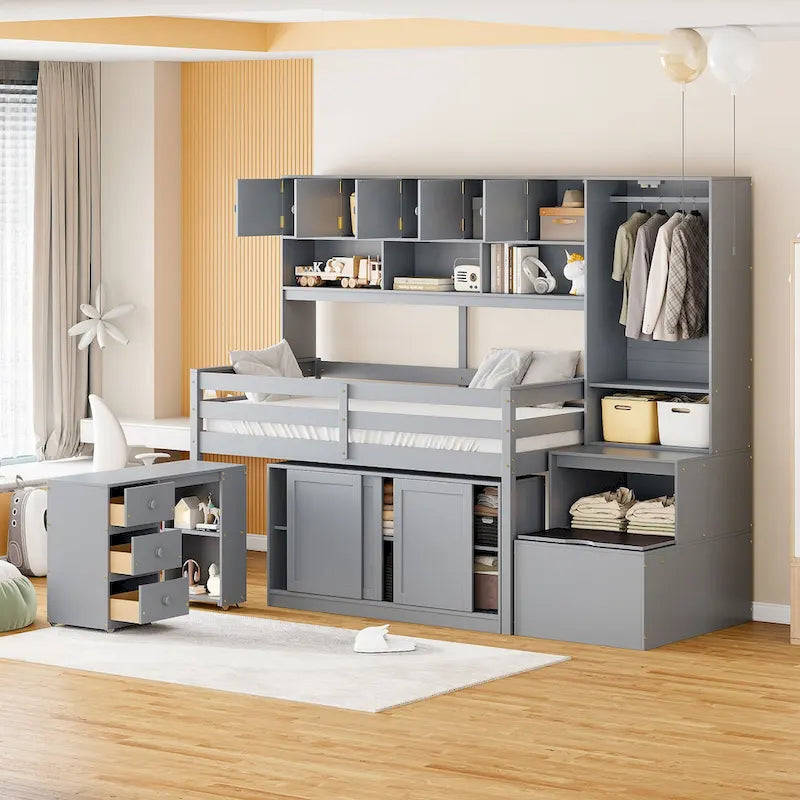 Hochbett aus Holz mit viel Stauraum, Schreibtisch unter dem Bett, Schubladen und Regalen
