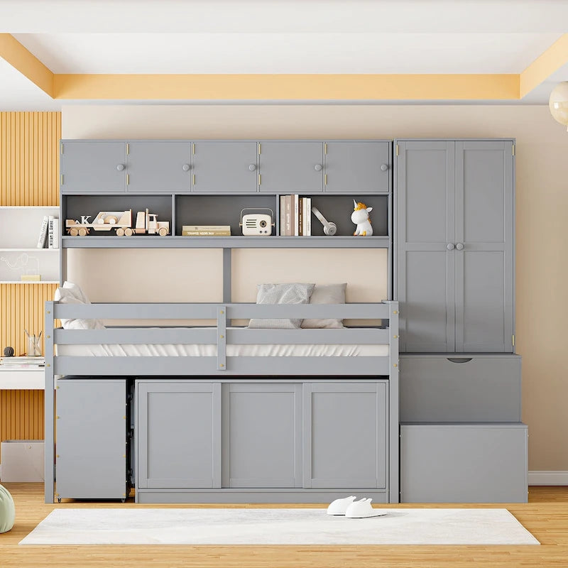 Hochbett aus Holz mit viel Stauraum, Schreibtisch unter dem Bett, Schubladen und Regalen