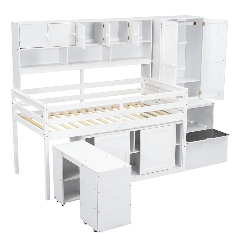Hochbett aus Holz mit viel Stauraum, Schreibtisch unter dem Bett, Schubladen und Regalen