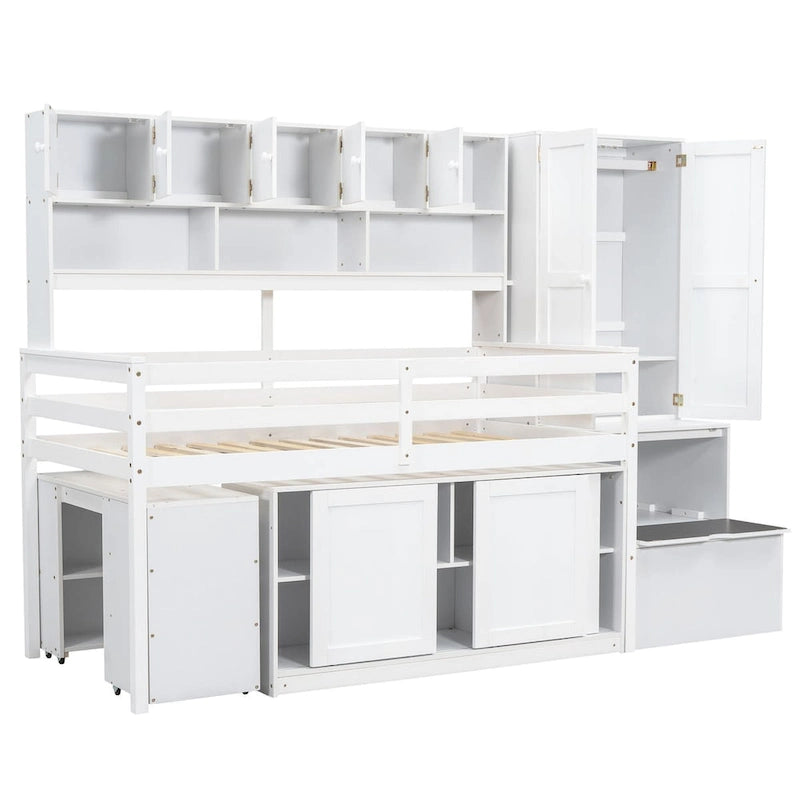 Hochbett aus Holz mit viel Stauraum, Schreibtisch unter dem Bett, Schubladen und Regalen