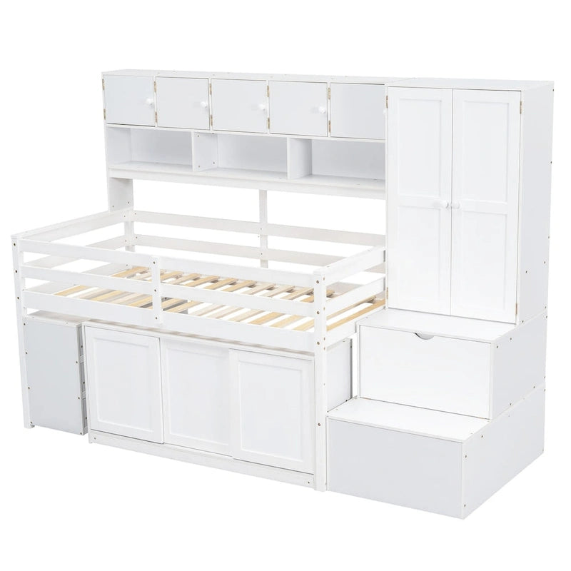 Hochbett aus Holz mit viel Stauraum, Schreibtisch unter dem Bett, Schubladen und Regalen