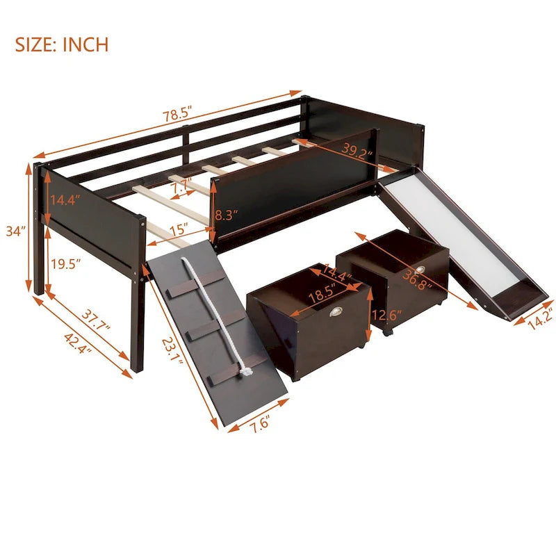 Hochbett in Einzelbettgröße mit drei Tafeln, zwei Aufbewahrungsboxen und Rutsche, perfekt zum Spielen im Kinderzimmer