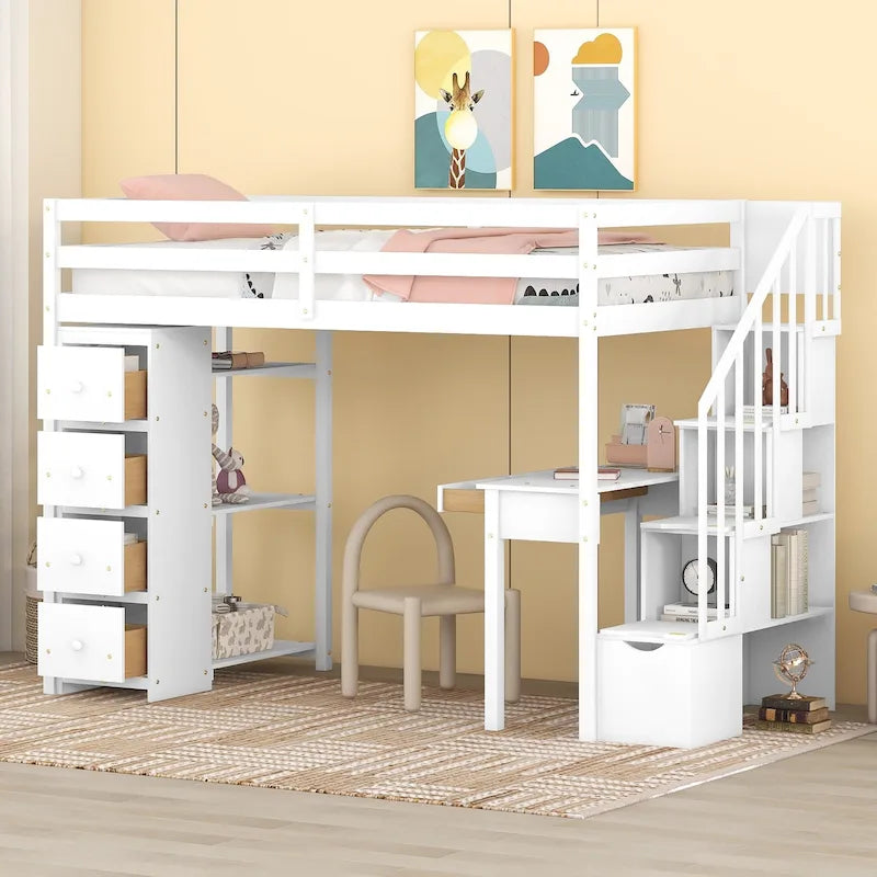 Twin size Loft Bed, with Built in Desk, Drawers, and Storage Stairs