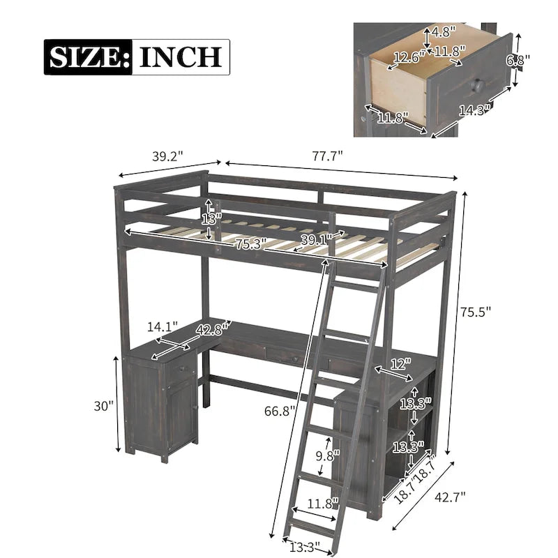 Lit mezzanine 1 place avec bureau en U