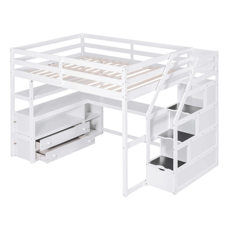 Weißes Hochbett mit Schreibtisch und Regalen, zwei integrierten Schubladen und Stufentreppe mit Stauraum