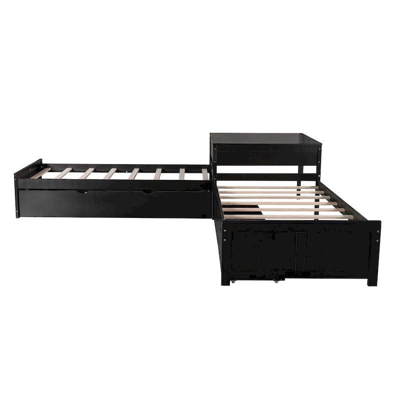 Gray&Espresso&White L-shaped Platform Bed with Trundle, Drawers, and Bedside Cabinets, Twin Size