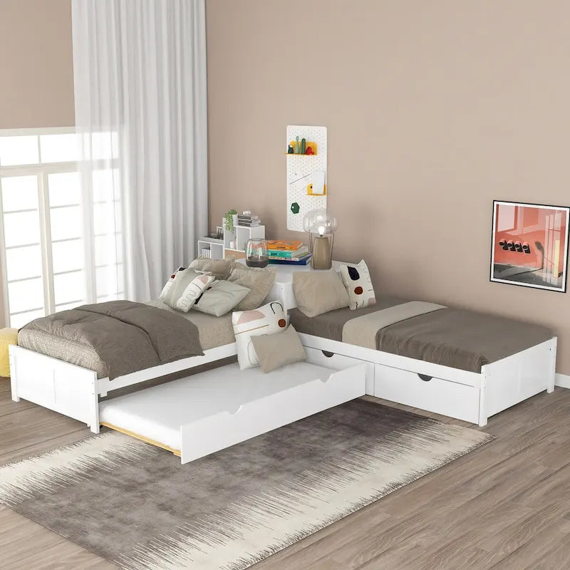 L-förmiges Plattformbett in Grau, Espresso und Weiß mit Ausziehbett, Schubladen und Nachttischschränken, Twin-Größe