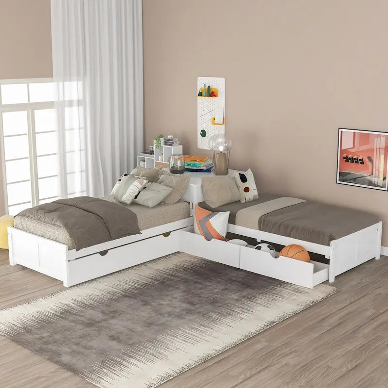 L-förmiges Plattformbett in Grau, Espresso und Weiß mit Ausziehbett, Schubladen und Nachttischschränken, Twin-Größe