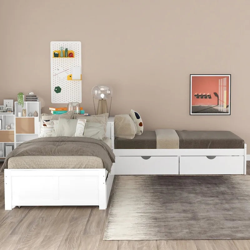 L-förmiges Plattformbett in Grau, Espresso und Weiß mit Ausziehbett, Schubladen und Nachttischschränken, Twin-Größe