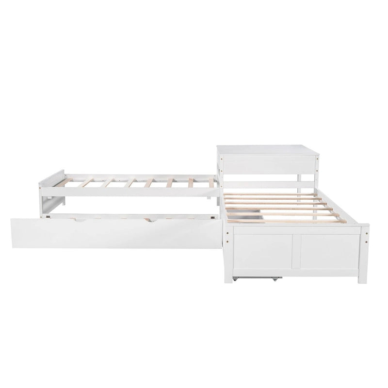 L-förmiges Plattformbett in Grau, Espresso und Weiß mit Ausziehbett, Schubladen und Nachttischschränken, Twin-Größe