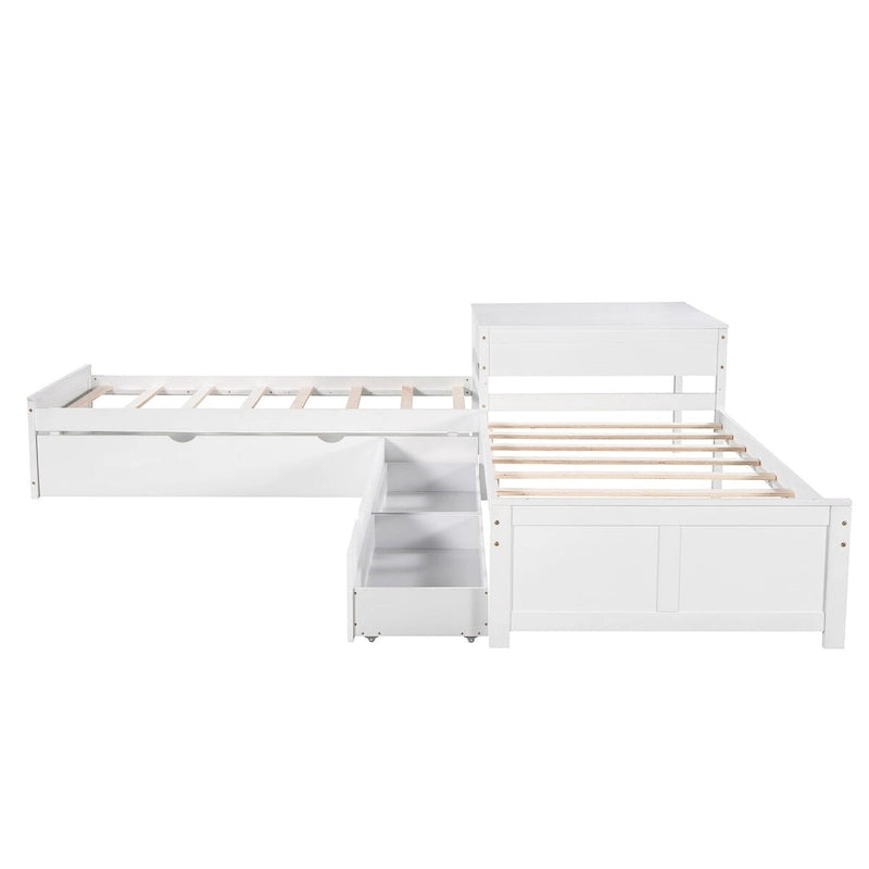 L-förmiges Plattformbett in Grau, Espresso und Weiß mit Ausziehbett, Schubladen und Nachttischschränken, Twin-Größe