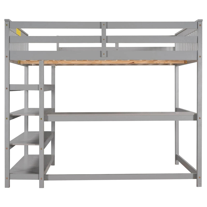 Letto a soppalco grigio in legno massello con scrivania integrata, mensole contenitore e sponde stabili