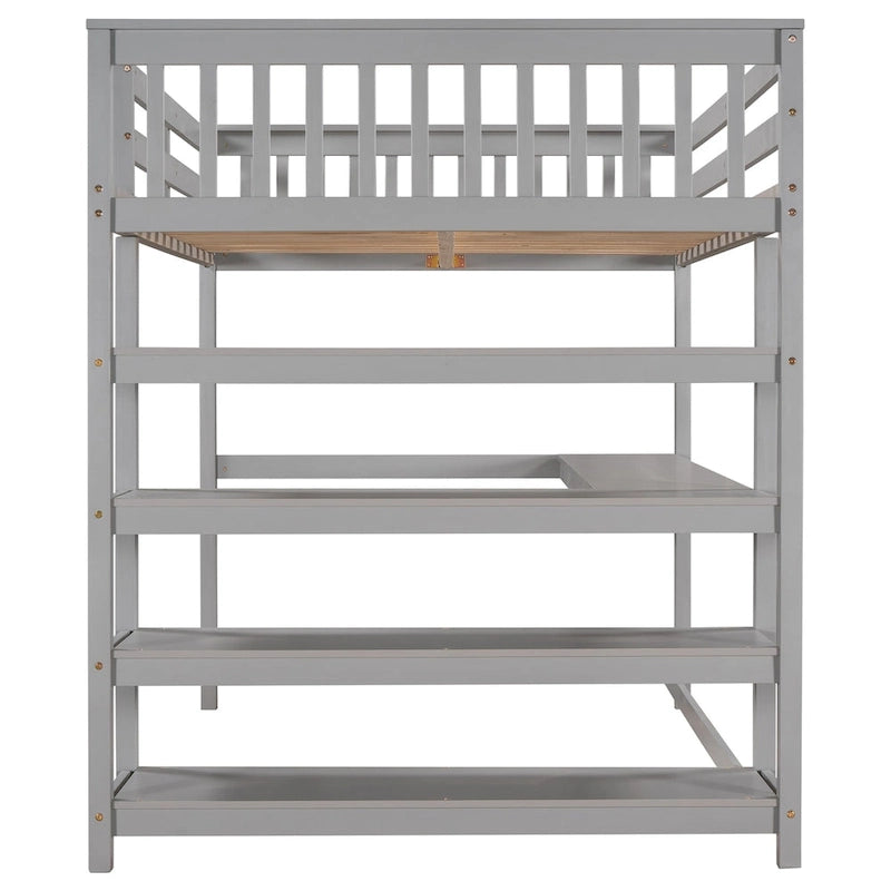 Letto a soppalco grigio in legno massello con scrivania integrata, mensole contenitore e sponde stabili