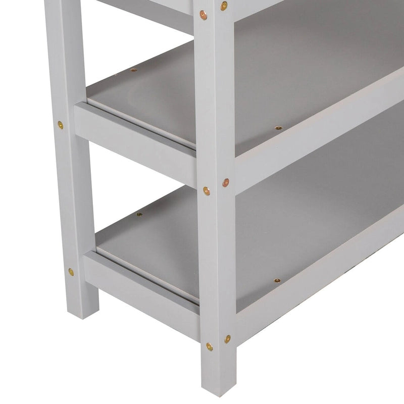 Graues Hochbett mit Aufbewahrungsregalen und Schreibtisch unter dem Bett