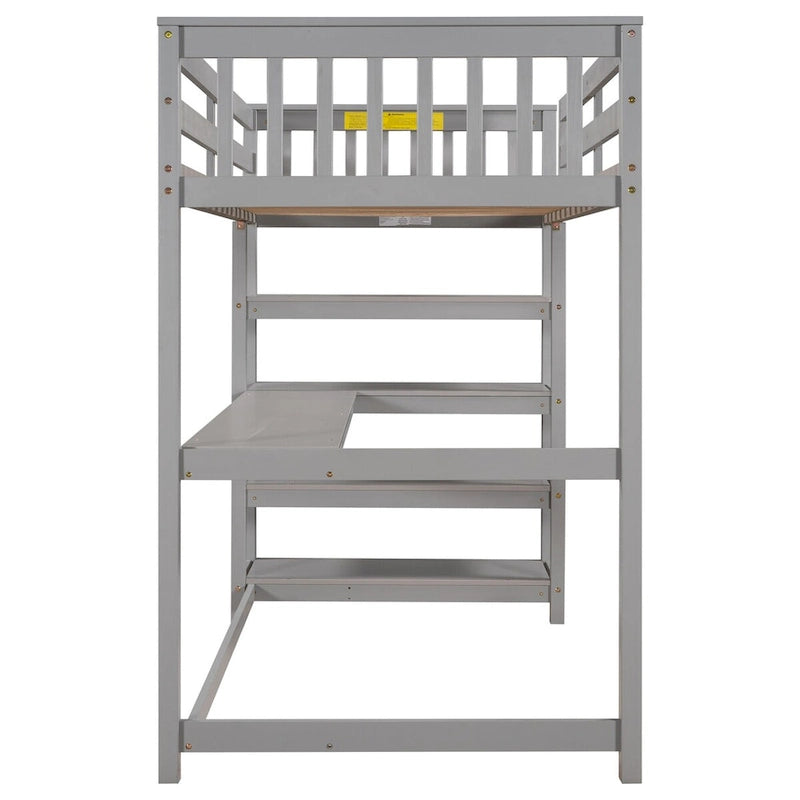 Graues Hochbett mit Aufbewahrungsregalen und Schreibtisch unter dem Bett