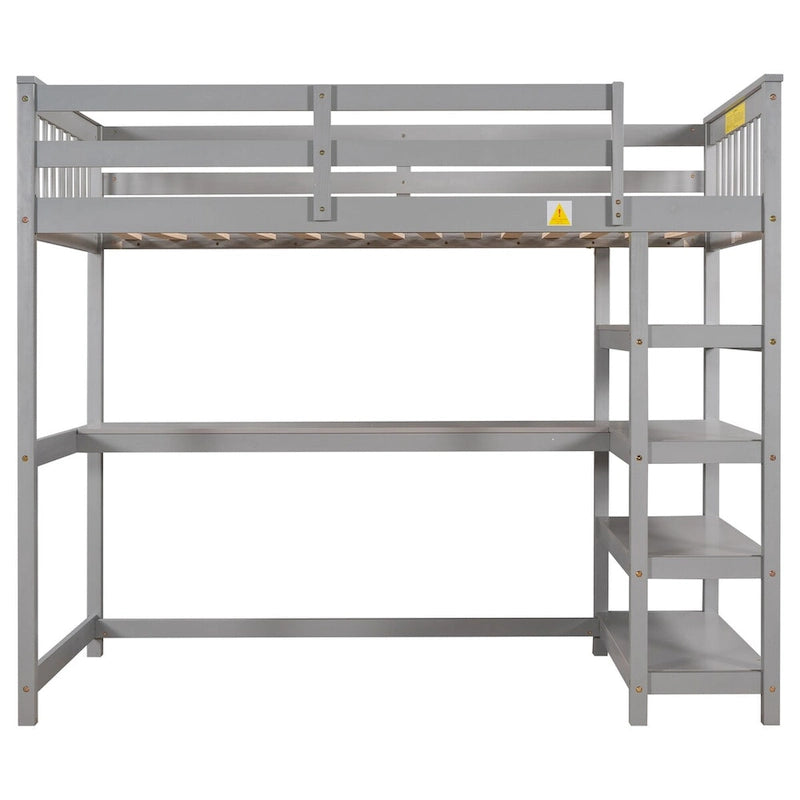 Graues Hochbett mit Aufbewahrungsregalen und Schreibtisch unter dem Bett