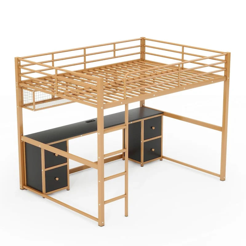 Metall-Hochbett mit Schreibtisch, Schubladen und Ablage am Bett, Ladestation, USB-Anschlüssen und Steckdose