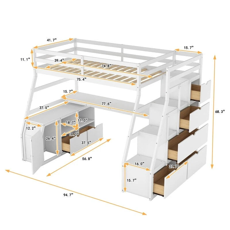 Twin Size Loft Bed with 7 Drawers 2 Shelves and Desk