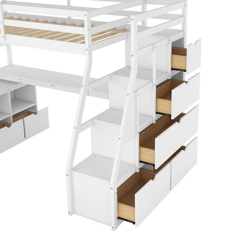 Hochbett in Einzelbettgröße mit 7 Schubladen, 2 Regalen und Schreibtisch