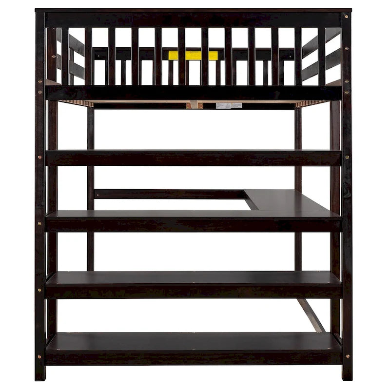 Espresso Solid Wood Loft Bed with Integrated Desk, Storage Shelves, and Stable Guardrails