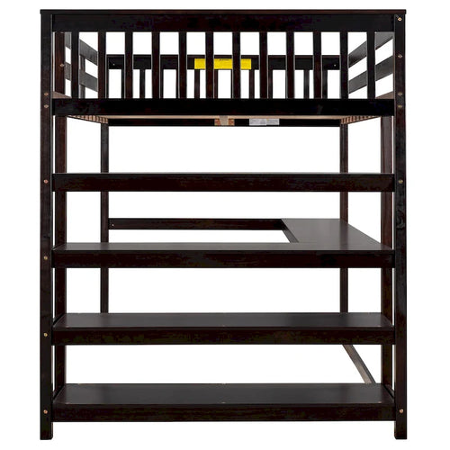 Espresso Solid Wood Loft Bed with Integrated Desk, Storage Shelves, and Stable Guardrails