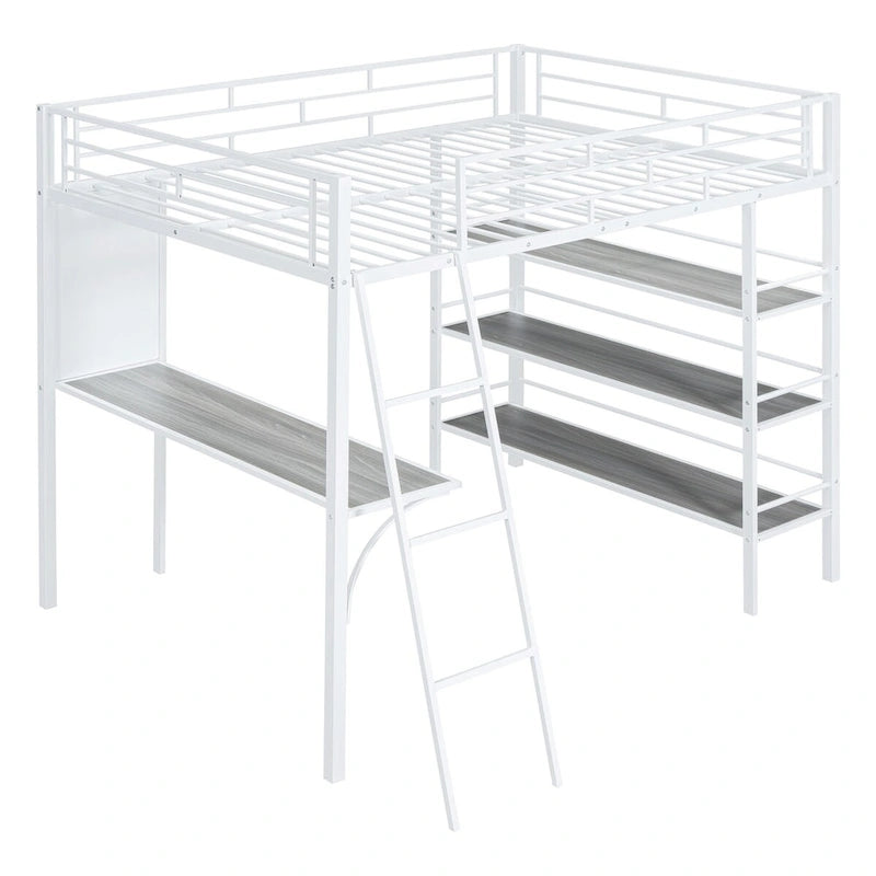 Metall-Hochbett in Full-Größe mit 3-lagigen Regalen und Schreibtisch