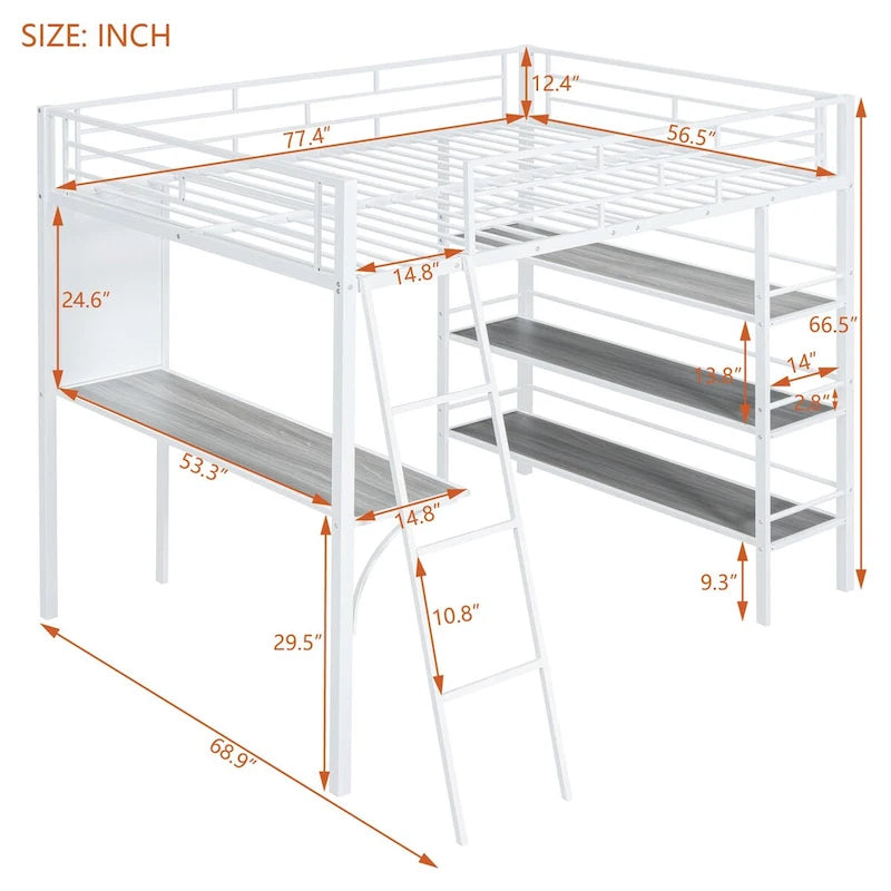 Metall-Hochbett in Full-Größe mit 3-lagigen Regalen und Schreibtisch