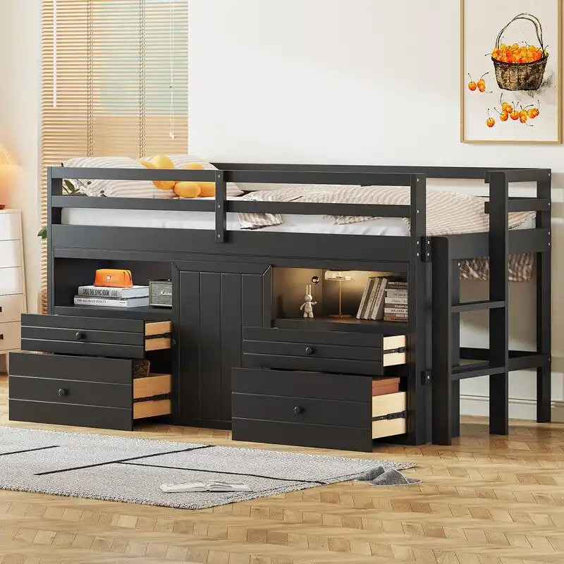 Letto a soppalco singolo con 4 cassetti, mobiletto sottostante e mensole