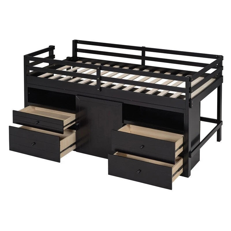 Letto a soppalco singolo con 4 cassetti, mobiletto sottostante e mensole