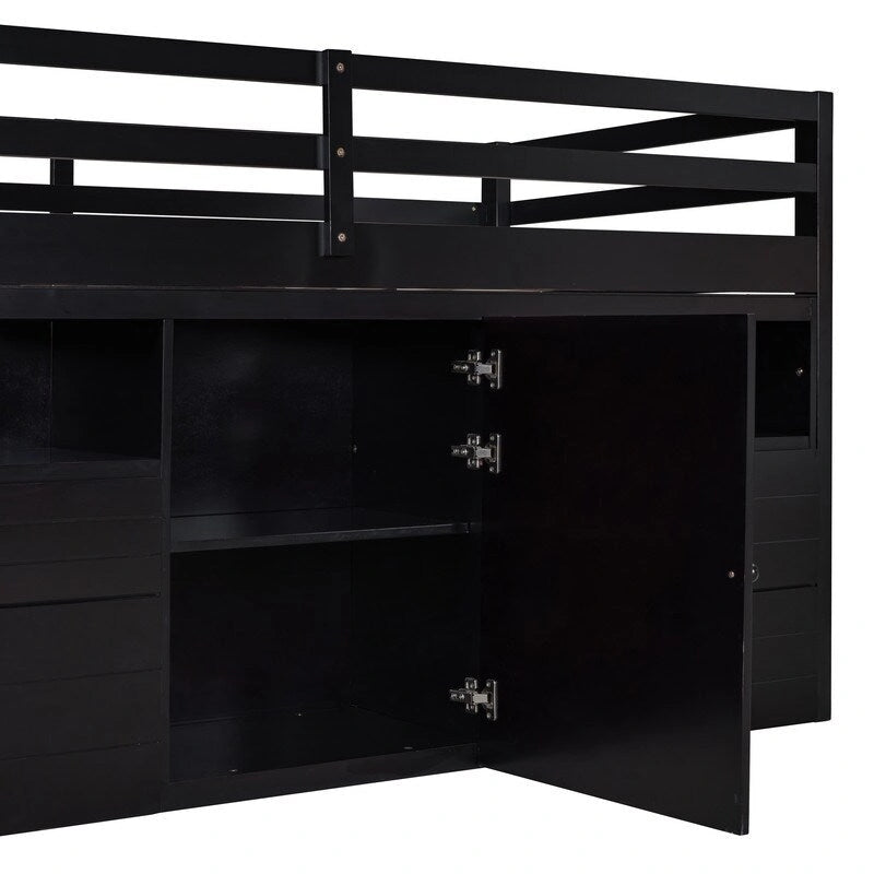Letto a soppalco singolo con 4 cassetti, mobiletto sottostante e mensole