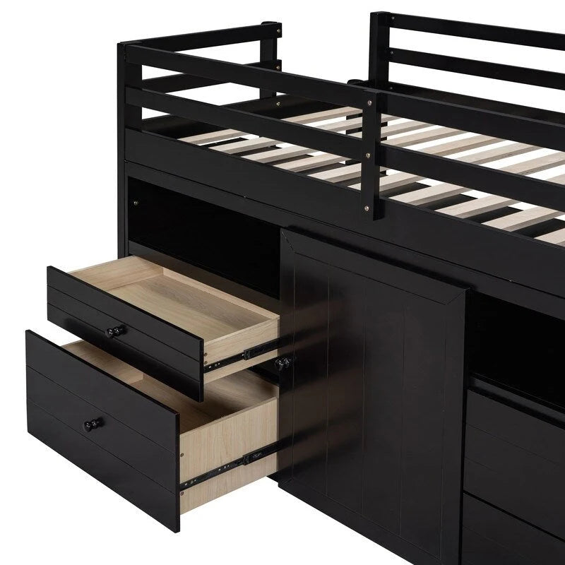 Letto a soppalco singolo con 4 cassetti, mobiletto sottostante e mensole