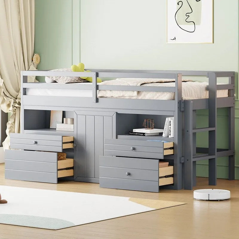 Letto a soppalco singolo con 4 cassetti, mobiletto sottostante e mensole