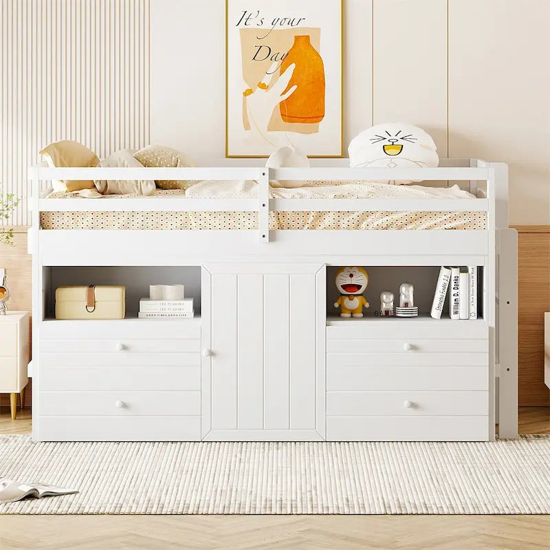 Twin Size Loft Bed with 4 Drawers,Underneath Cabinet and Shelves