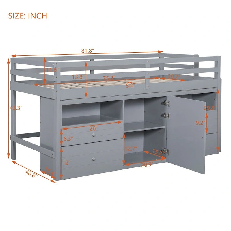 Twin Size Loft Bed with 4 Drawers,Underneath Cabinet and Shelves