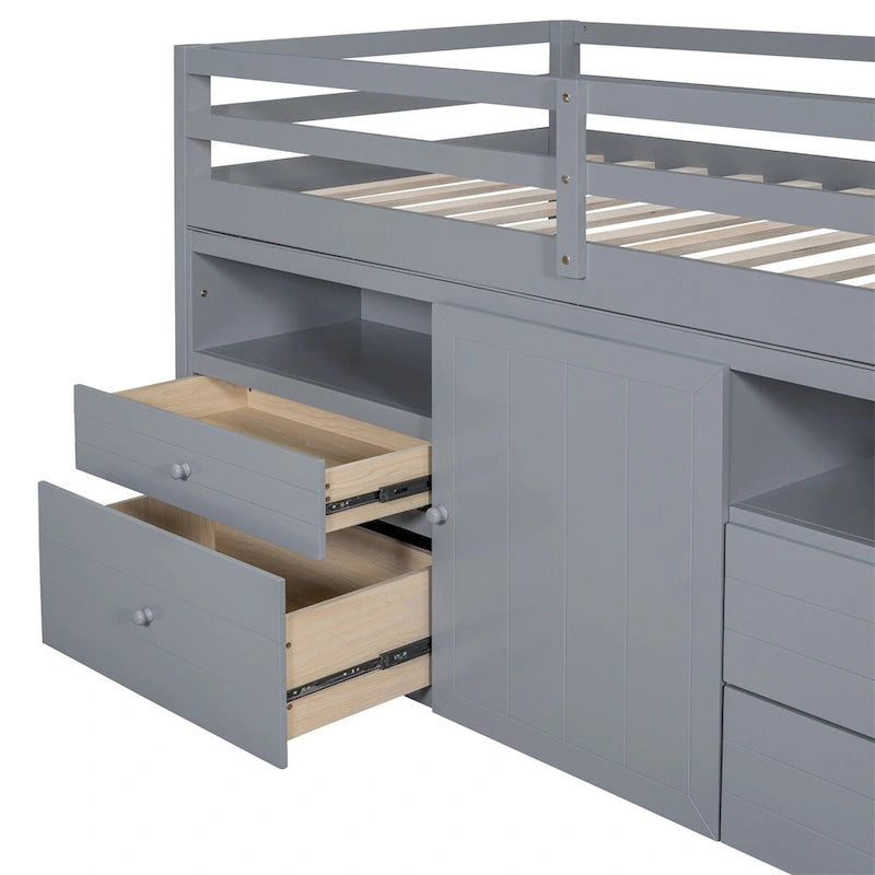 Hochbett in Einzelgröße mit 4 Schubladen, Unterschrank und Regalen