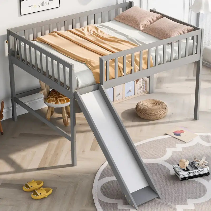 Niedriges Hochbettgestell in voller Größe für Jungen, Mädchen, Kinder, Erwachsene und Kleinkinder, mit Leiter und Rutsche