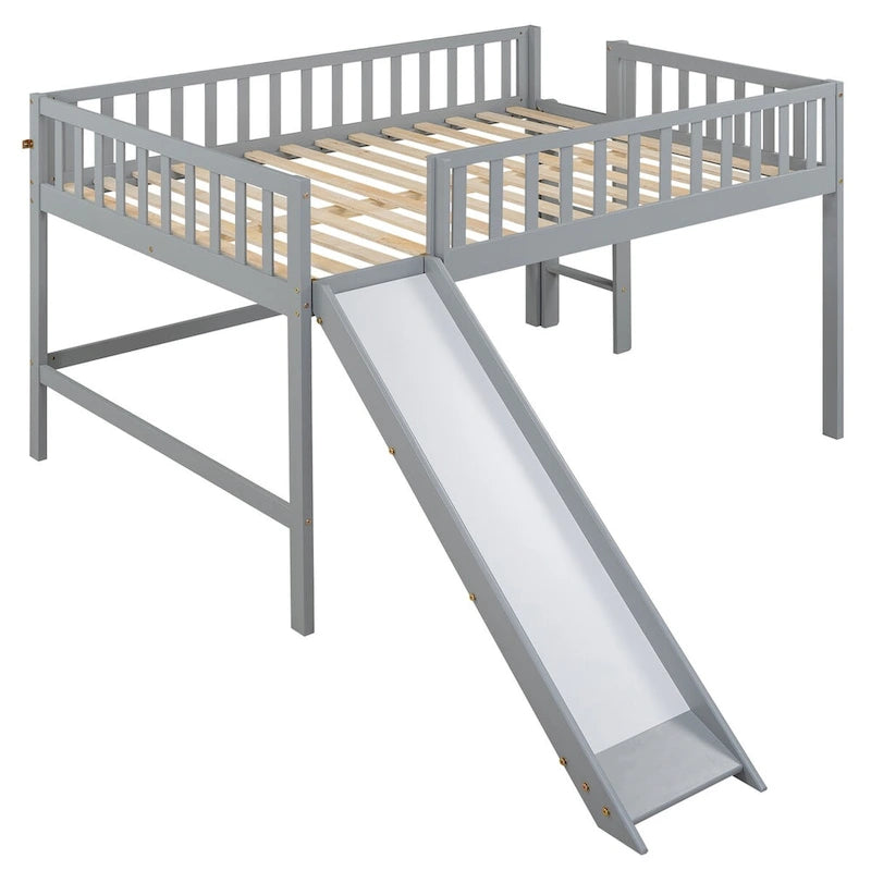 Niedriges Hochbettgestell in voller Größe für Jungen, Mädchen, Kinder, Erwachsene und Kleinkinder, mit Leiter und Rutsche