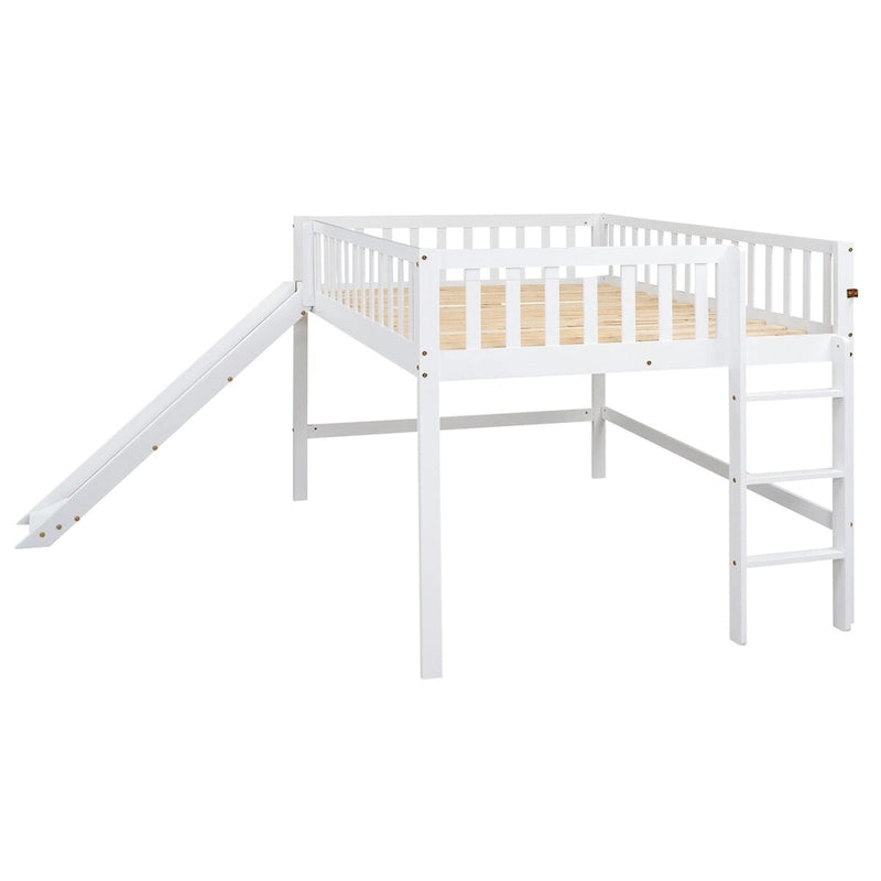 Niedriges Hochbettgestell in voller Größe für Jungen, Mädchen, Kinder, Erwachsene und Kleinkinder, mit Leiter und Rutsche