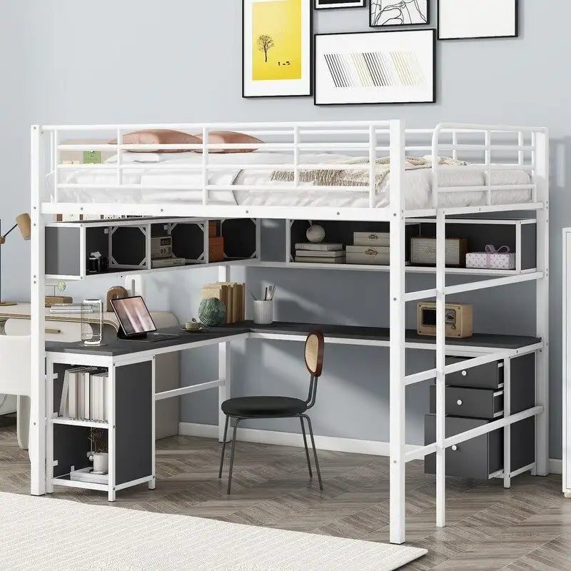 Full Size Metal Loft Bed with Bookcase, Desk and Cabinet