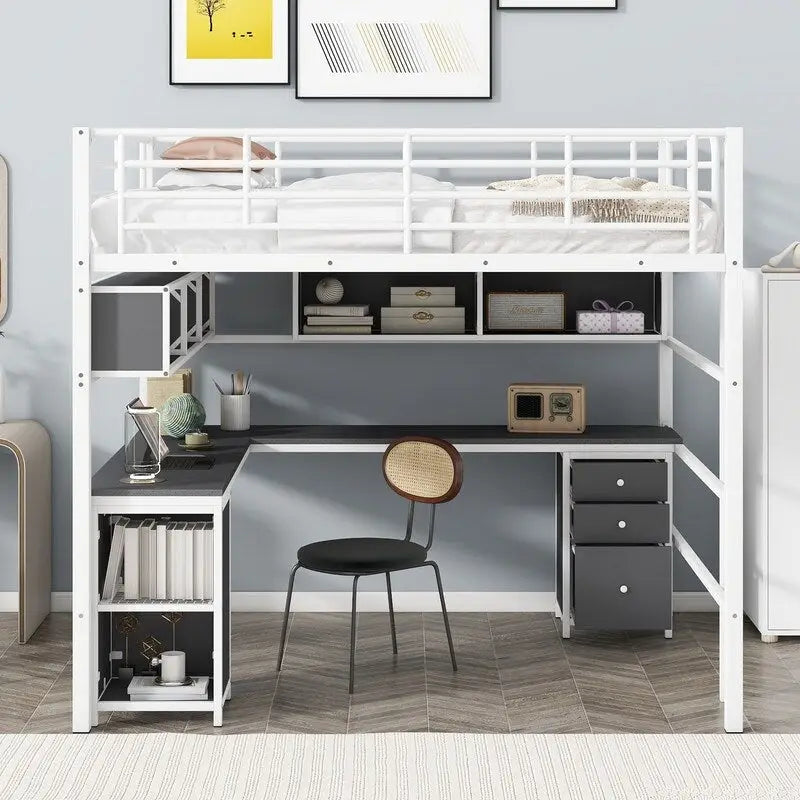 Metall-Hochbett in voller Größe mit Bücherregal, Schreibtisch und Schrank