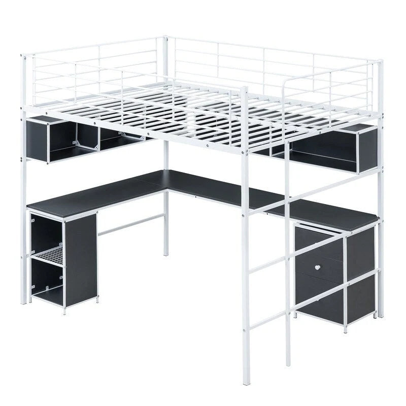 Metall-Hochbett in voller Größe mit Bücherregal, Schreibtisch und Schrank