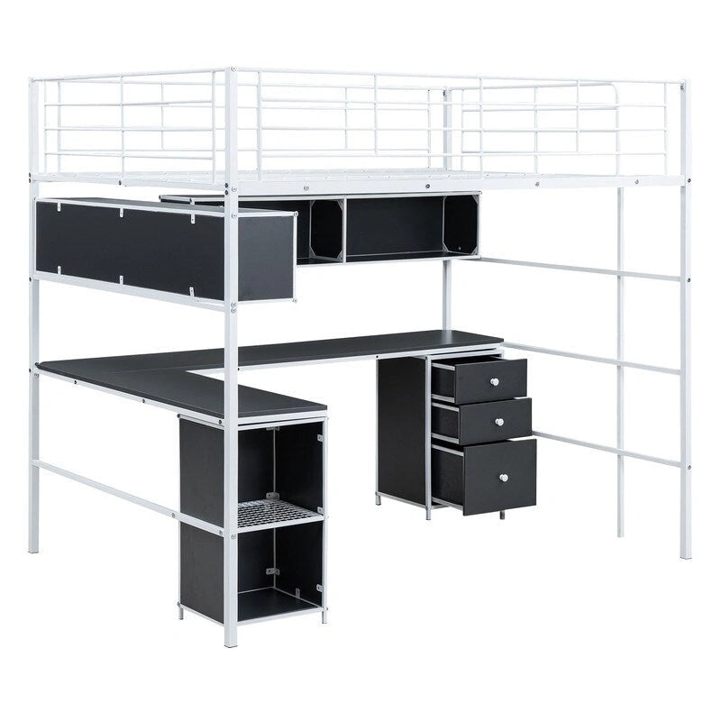 Metall-Hochbett in voller Größe mit Bücherregal, Schreibtisch und Schrank