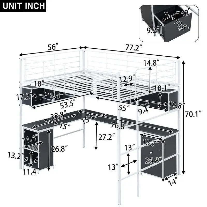Metall-Hochbett in voller Größe mit Bücherregal, Schreibtisch und Schrank