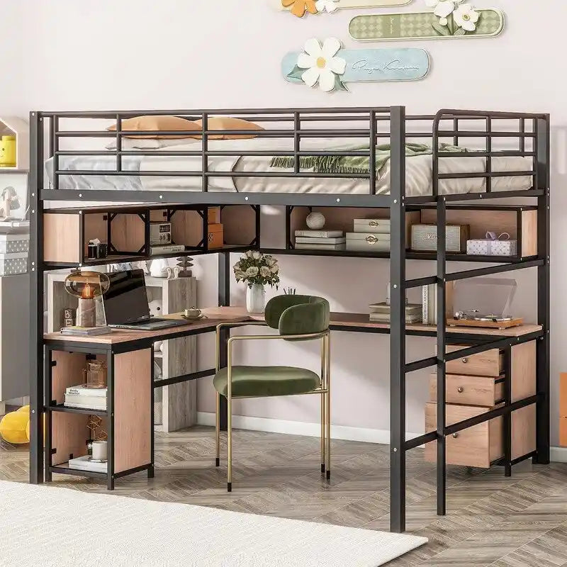 Metall-Hochbett in voller Größe mit Bücherregal, Schreibtisch und Schrank