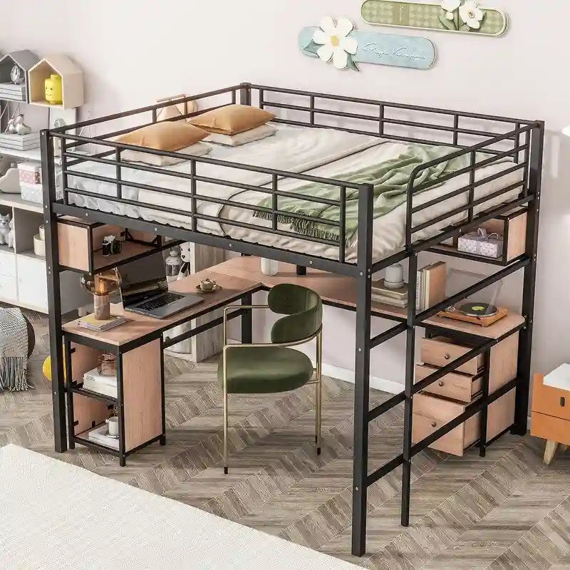 Metall-Hochbett in voller Größe mit Bücherregal, Schreibtisch und Schrank