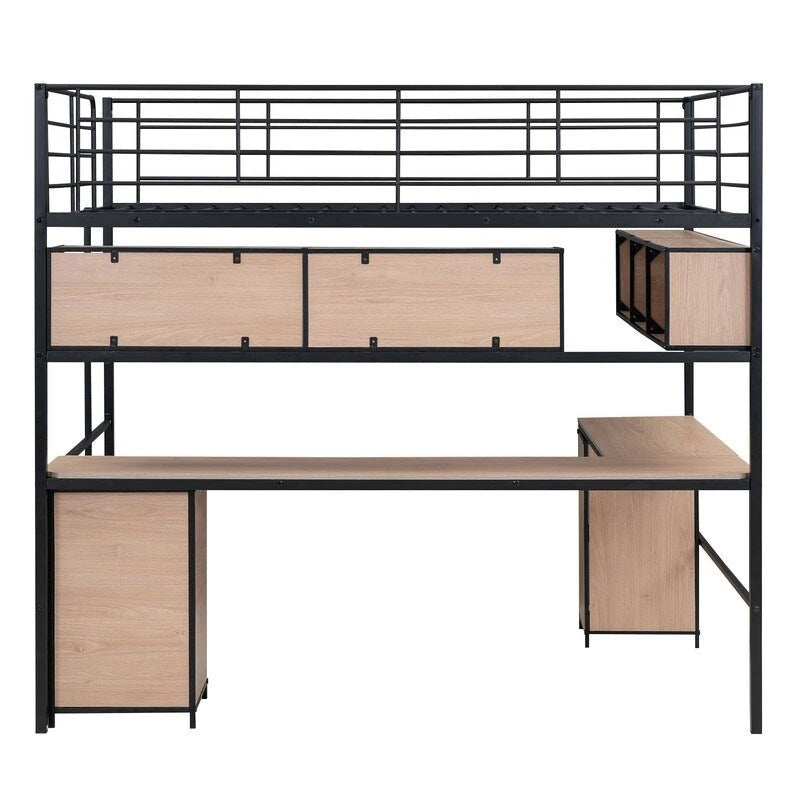Metall-Hochbett in voller Größe mit Bücherregal, Schreibtisch und Schrank