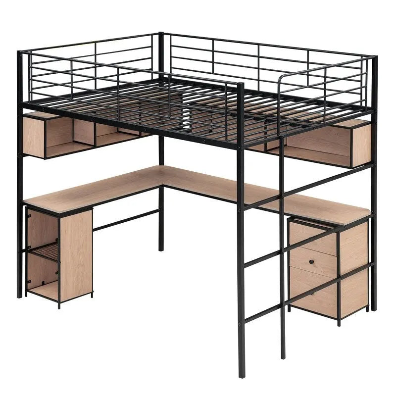 Metall-Hochbett in voller Größe mit Bücherregal, Schreibtisch und Schrank